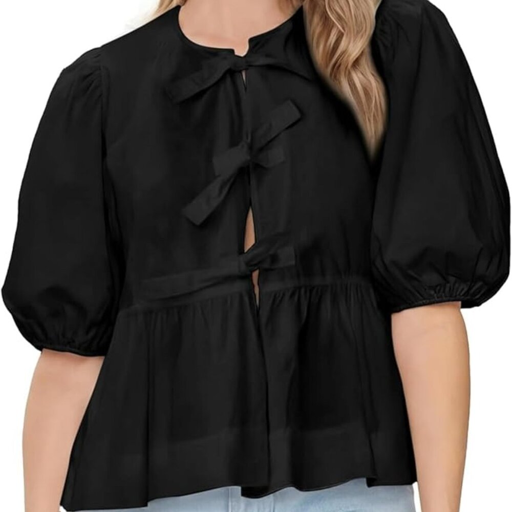 Shein Curve Tie Front Peplum Top Womens Size 3X Black Short Puff Sleeves